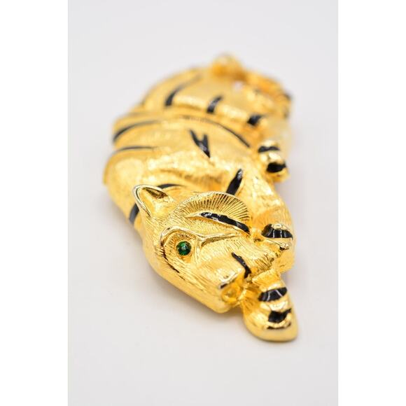 Vintage Tiger Belt Buckle Chunky Brushed Gold Green Rhinestone Crystal 1980s main image 8